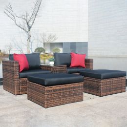 5 Pieces Outdoor Patio Garden Brown Wicker Sectional Conversation Sofa Set - Default