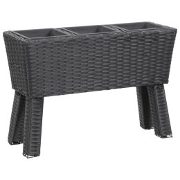 Garden Raised Bed with Legs and 3 Pots 28.3"x9.8"x19.7" Poly Rattan Black - Black