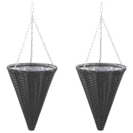 Hanging Flower Baskets 2 pcs Poly Rattan Black - Black